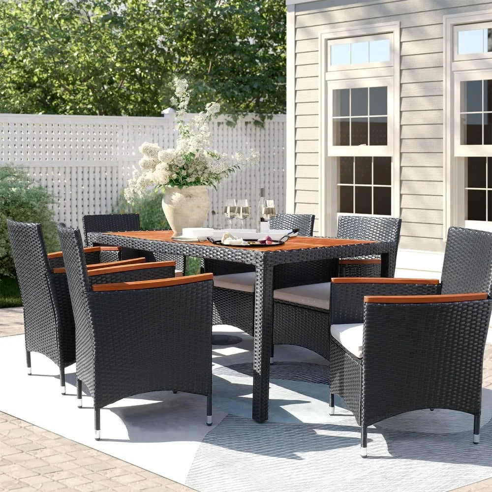 Acacia Wood Table Set with Cushions Wicker Chairs