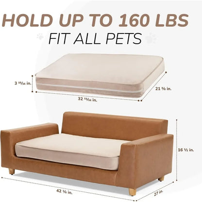 Luxury Faux Leather Dog Sofa Bed with Washable Cover Cushion and Pillow