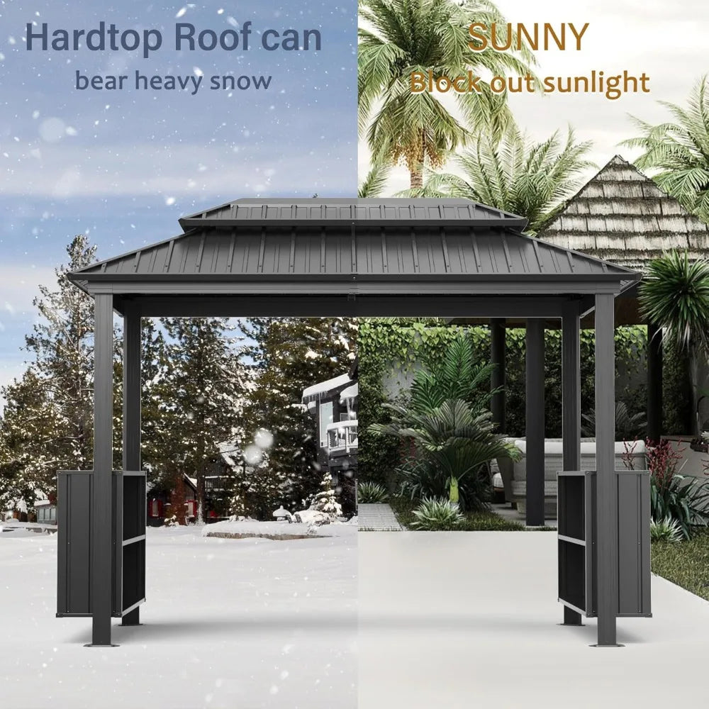 Grill Gazebo with Double Roof, Storage Cabinets, and Ceiling Hooks