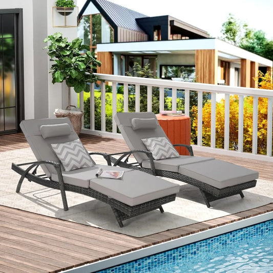 Rattan Chaise Lounge Chair with Adjustable Backrest and Cushions