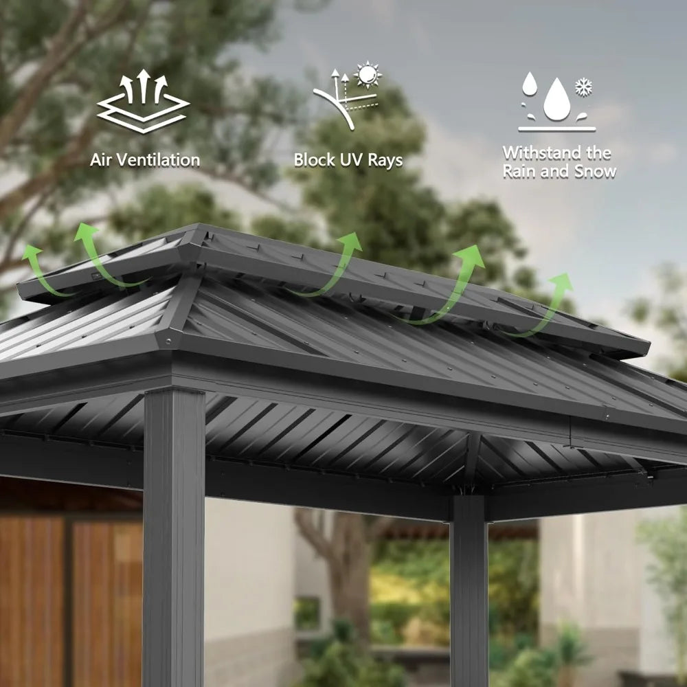 Grill Gazebo with Double Roof, Storage Cabinets, and Ceiling Hooks