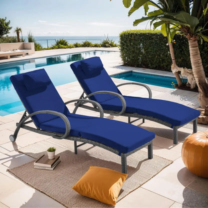 Rattan Wicker Chaise Lounge Chairs with Wheels and Cushions