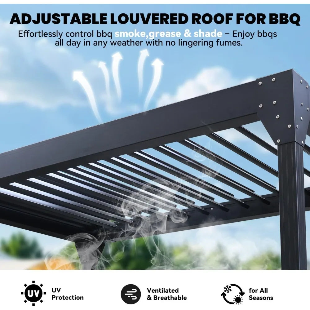 Grill Waterproof Pergola with Adjustable Louvered Roof