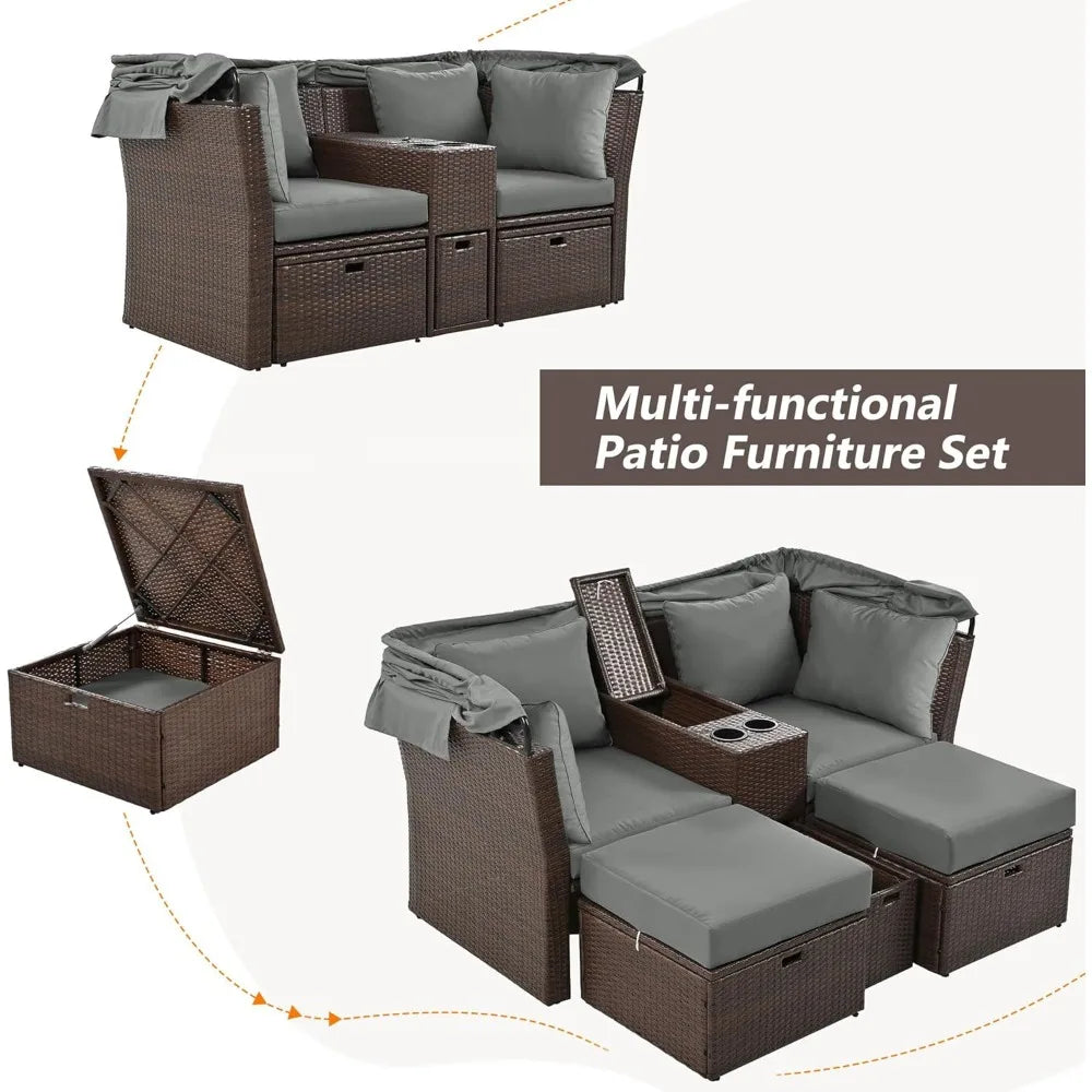 Loveseat Daybed Chaise Lounger with Foldable Awning and Cushions