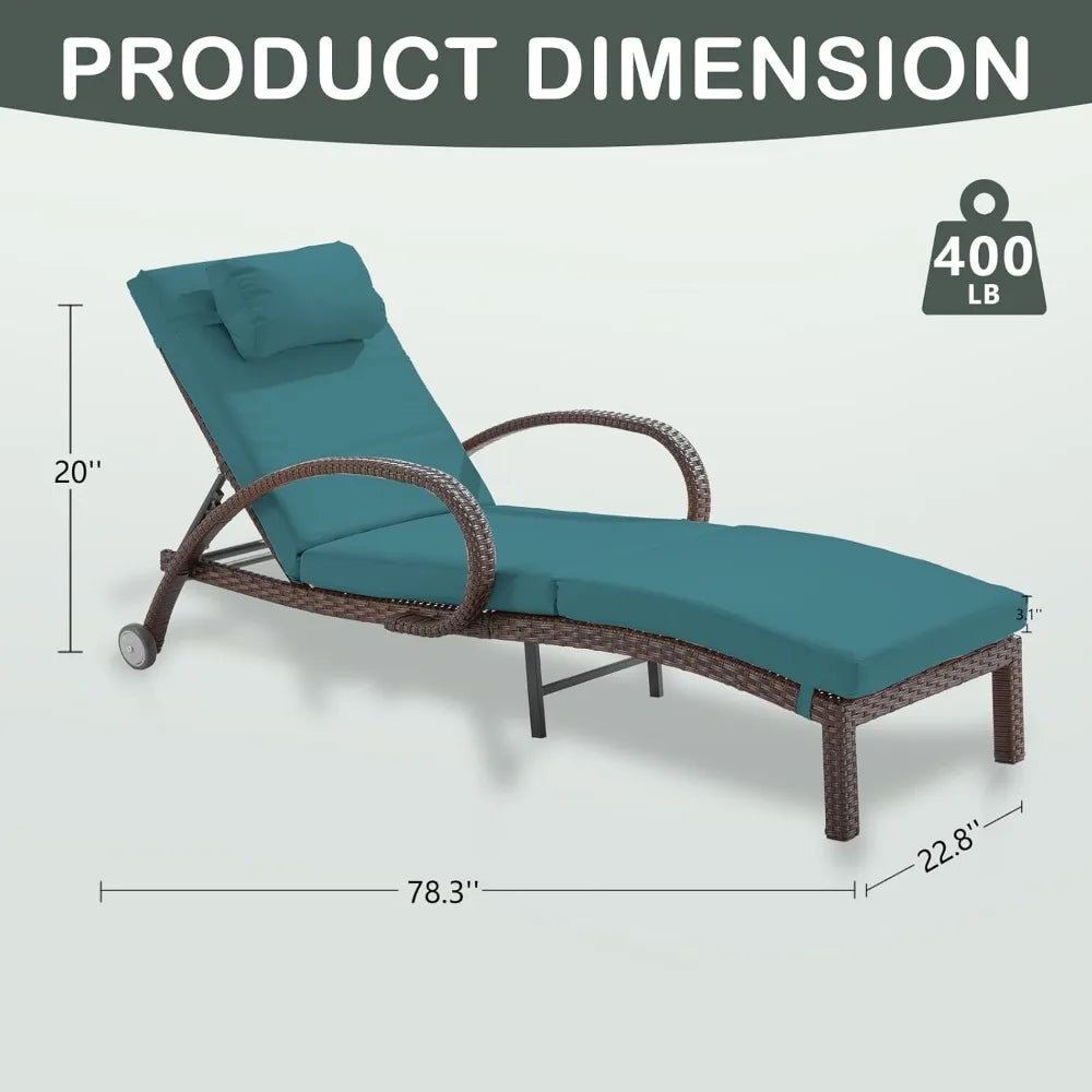 Rattan Wicker Chaise Lounge Chairs with Wheels and Cushions