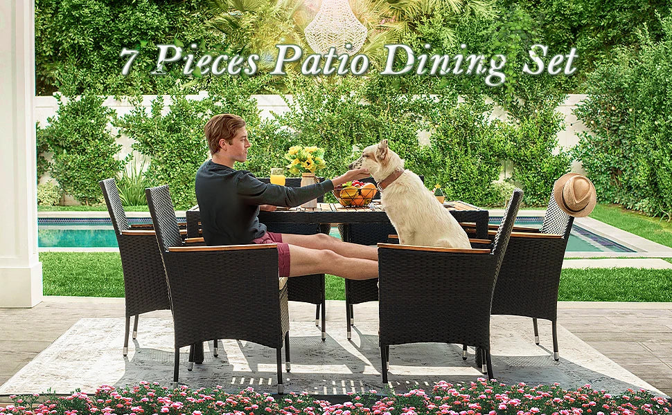 Acacia Wood Table Set with Cushions Wicker Chairs
