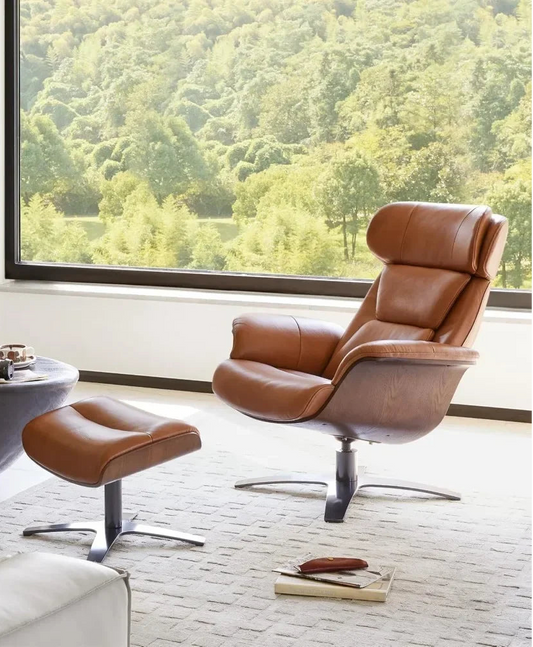 Reclining Leather Swivel Chair with Ottoman