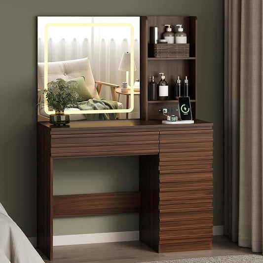 Modern Fluted Makeup Vanity with LED Mirror