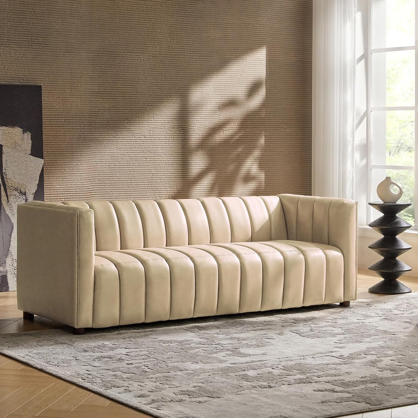 Luxe Channel Tufted Genuine Leather Sofa
