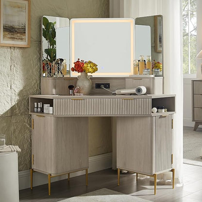 Modern Fluted Corner Vanity Desk with LED Tri-Fold Mirror