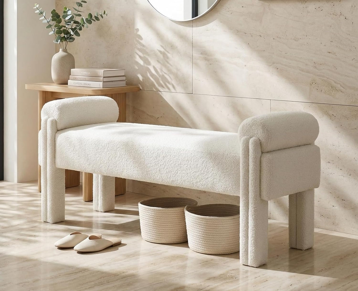 Modern Cylindrical Upholstered Linen Bench
