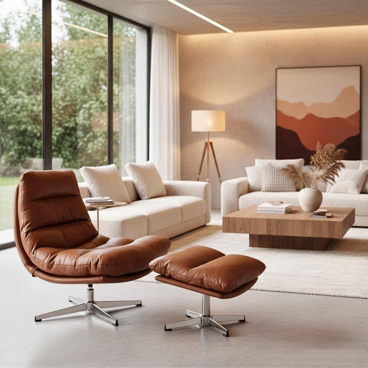Mid-Century Modern Leather Recliner with Ottoman