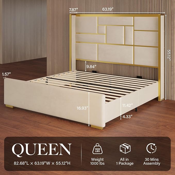 Modern Upholstered Bed with Gold Accents