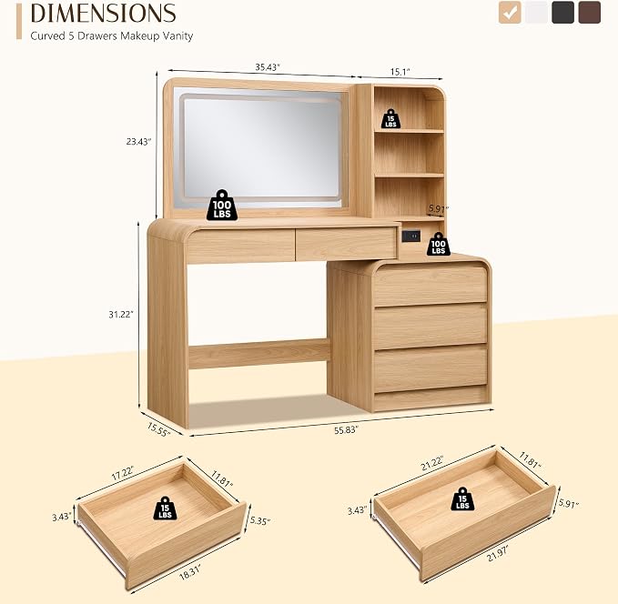 Modern Curved Wood Vanity with Charging Station