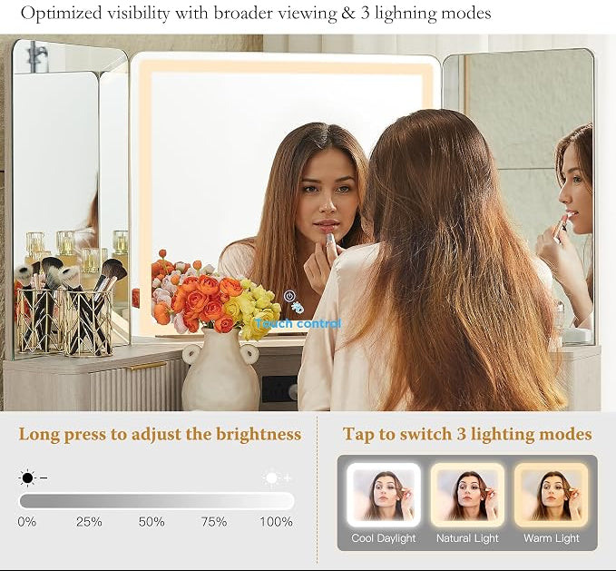Modern Fluted Corner Vanity Desk with LED Tri-Fold Mirror