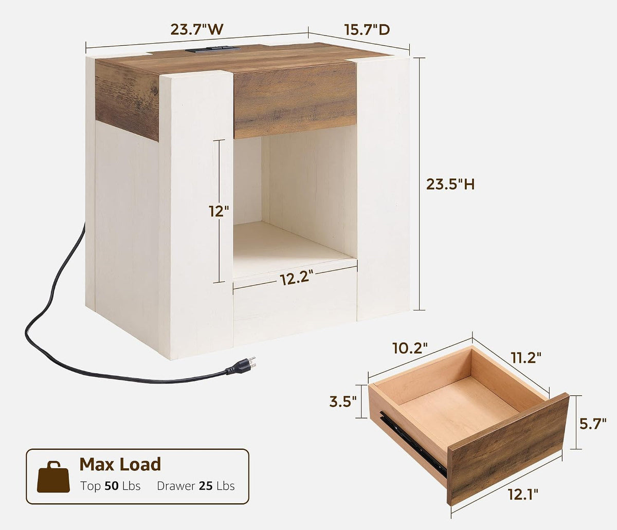 Modern Farmhouse Nightstand with Charging Station
