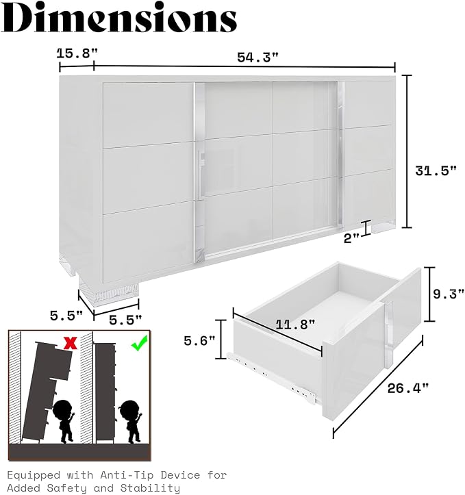 Modern High Gloss Dresser with Chrome Mirror Handles