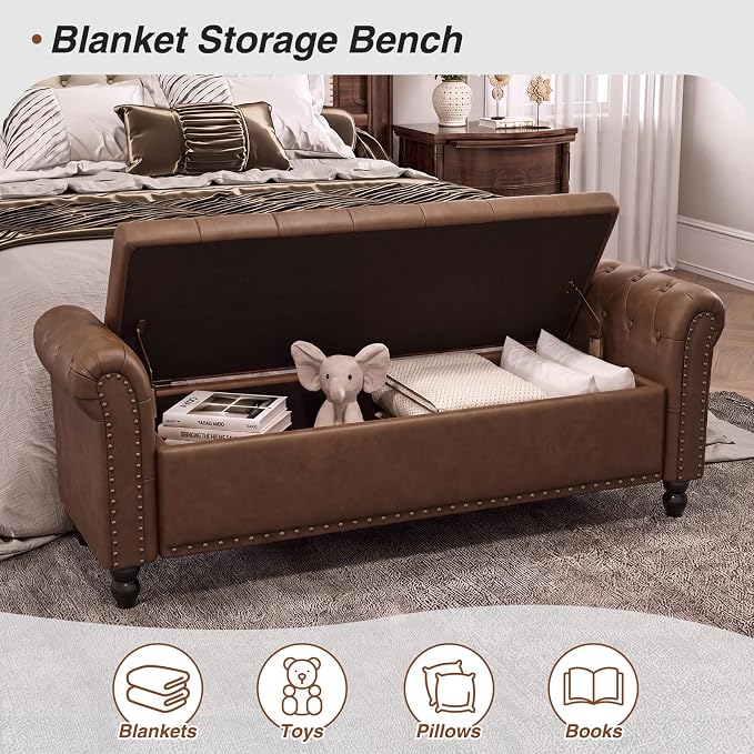 Mid-Century Modern Faux Leather Storage Bench