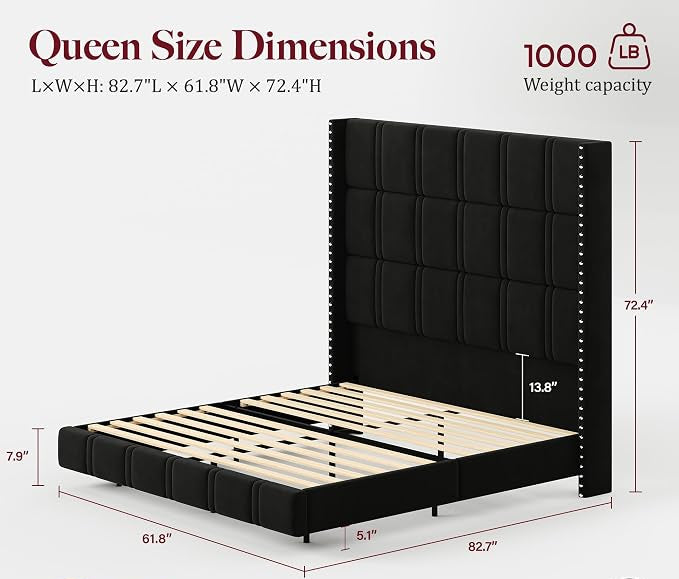 Grand Luxe Floating Wingback Bed with 72" Headboard & LED Lighting