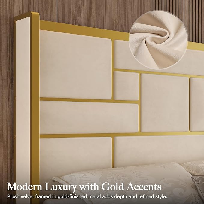 Modern Upholstered Bed with Gold Accents