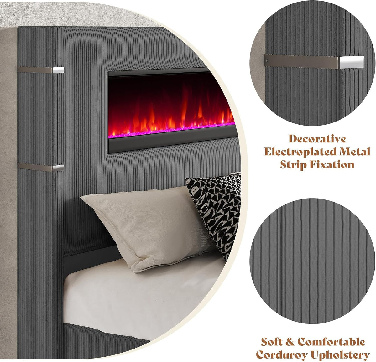 Luxe Corduroy Wingback Bed with Electric Fireplace
