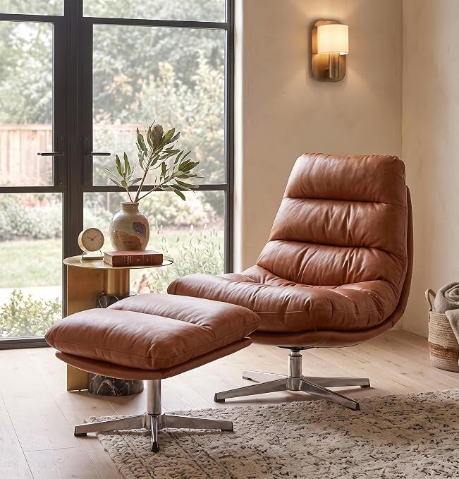 Mid-Century Modern Leather Recliner with Ottoman