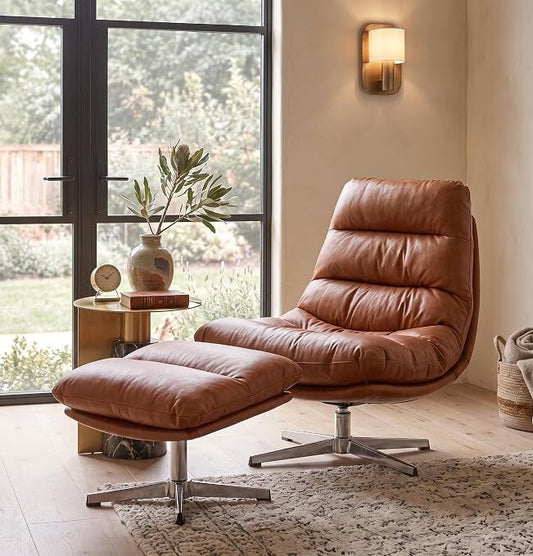 Mid-Century Modern Leather Recliner with Ottoman