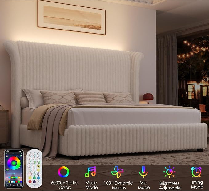 Royal Luxe Faux Fur Wingback Bed with RGB LED Lighting