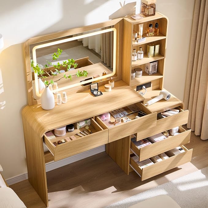 Modern Curved Wood Vanity with Charging Station