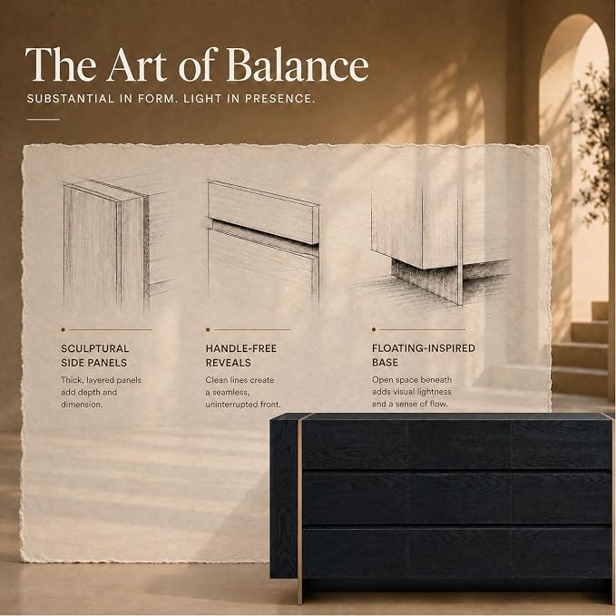 Modern Architectural Wood Dresser with Gold-Capped Feet