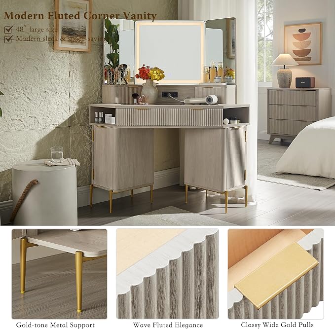 Modern Fluted Corner Vanity Desk with LED Tri-Fold Mirror