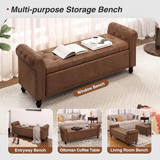 Mid-Century Modern Faux Leather Storage Bench