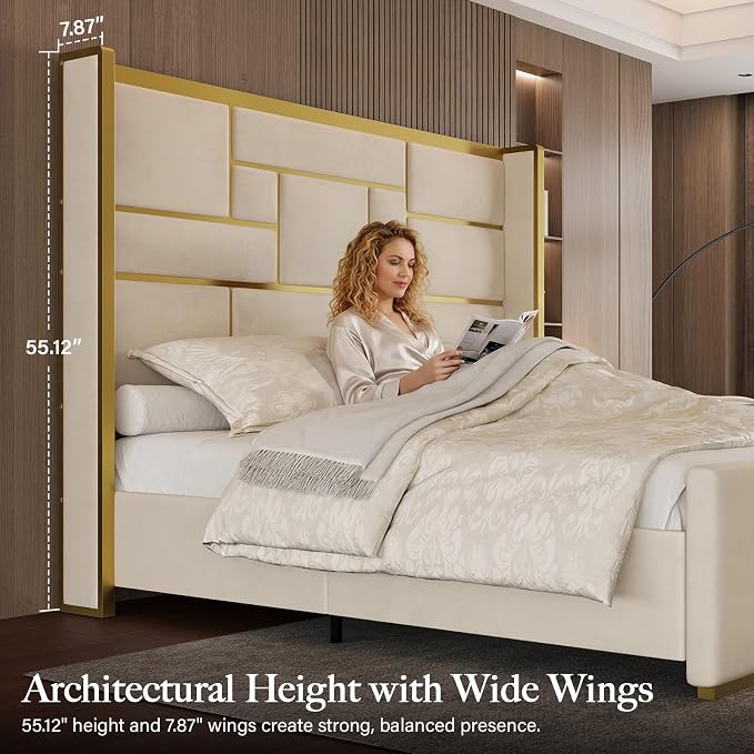 Modern Upholstered Bed with Gold Accents