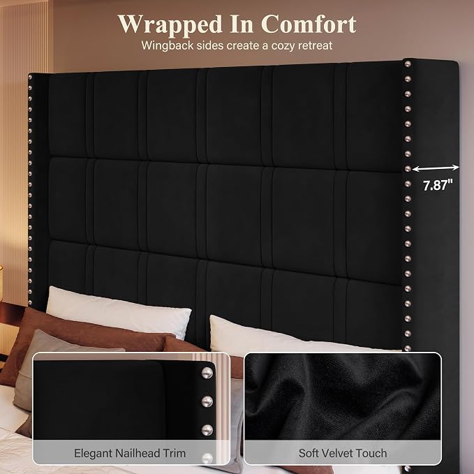 Grand Luxe Floating Wingback Bed with 72" Headboard & LED Lighting