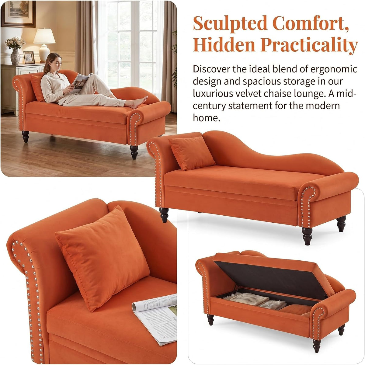 Modern Velvet Storage Chaise Lounge