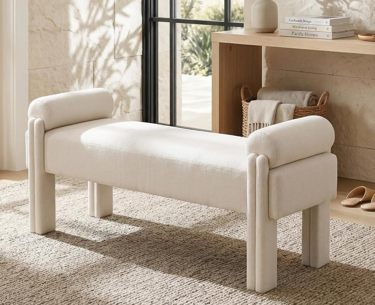 Modern Cylindrical Upholstered Linen Bench