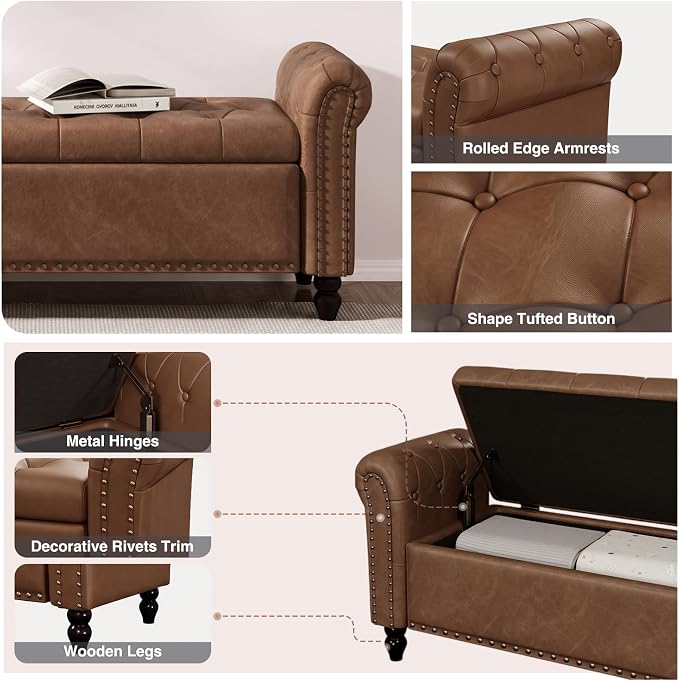 Mid-Century Modern Faux Leather Storage Bench