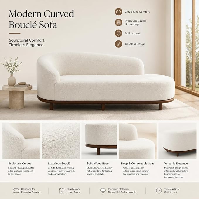 Modern Curved Bouclé Chaise Lounge