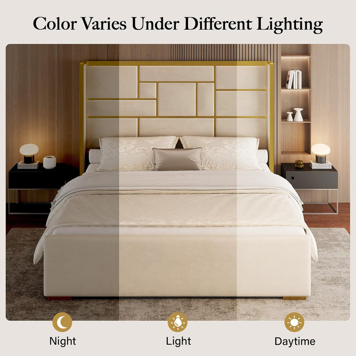 Modern Upholstered Bed with Gold Accents