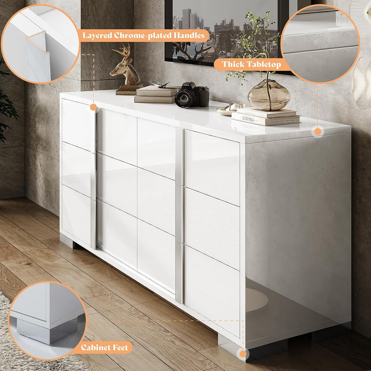 Modern High Gloss Dresser with Chrome Mirror Handles