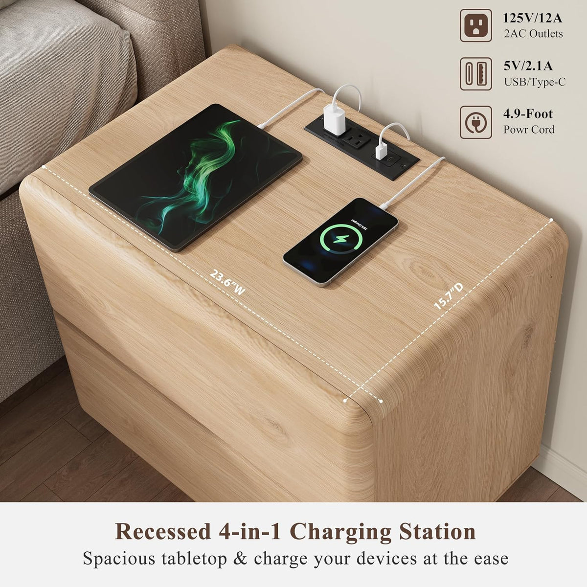 Mid-Century Oak Nightstand with Charging Station