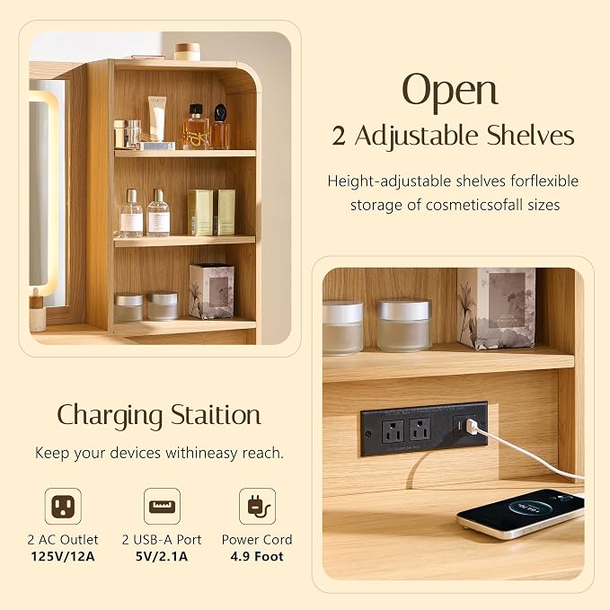 Modern Curved Wood Vanity with Charging Station