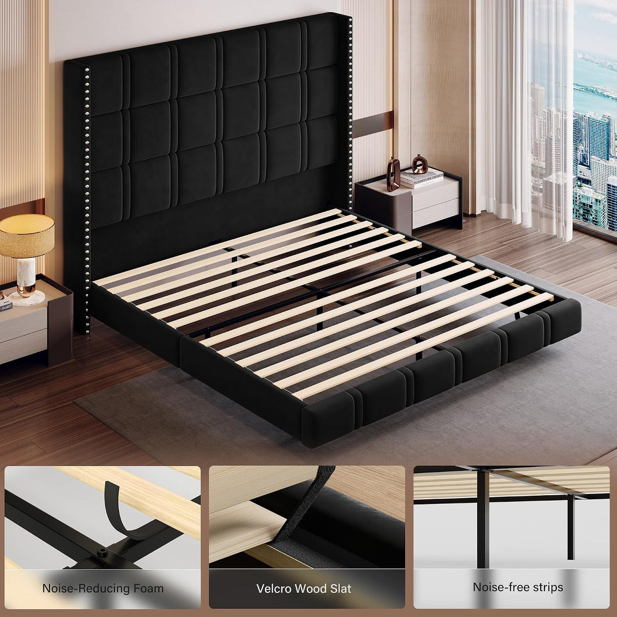 Grand Luxe Floating Wingback Bed with 72" Headboard & LED Lighting