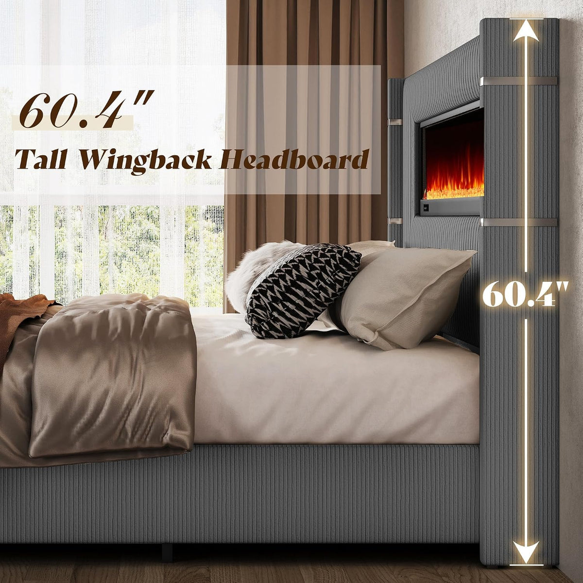 Luxe Corduroy Wingback Bed with Electric Fireplace