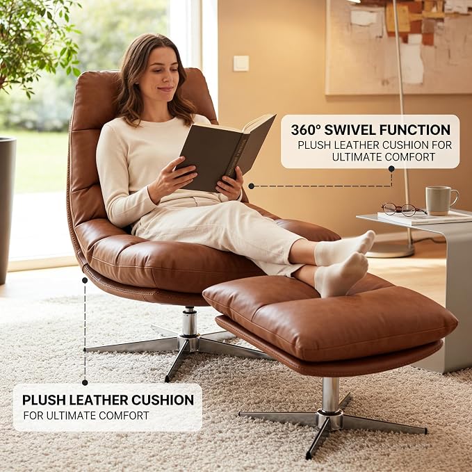 Mid-Century Modern Leather Recliner with Ottoman