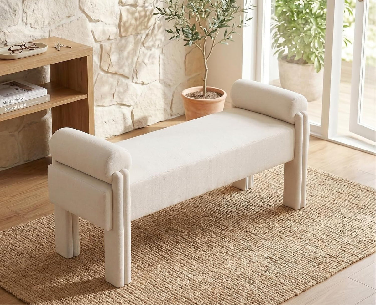 Modern Cylindrical Upholstered Linen Bench