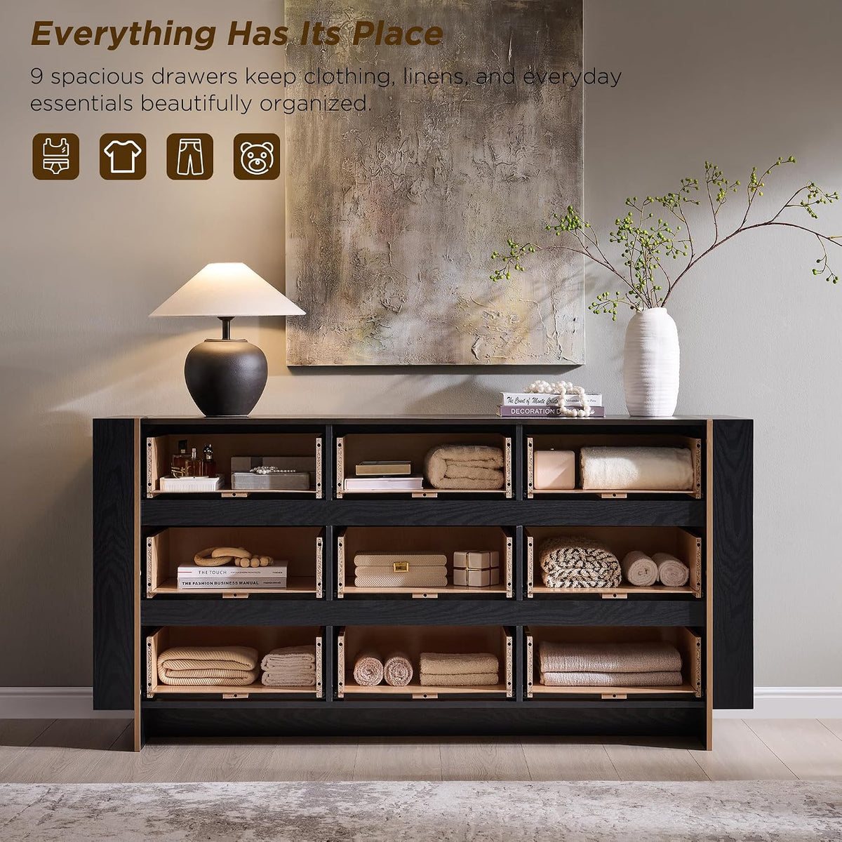 Modern Architectural Wood Dresser with Gold-Capped Feet