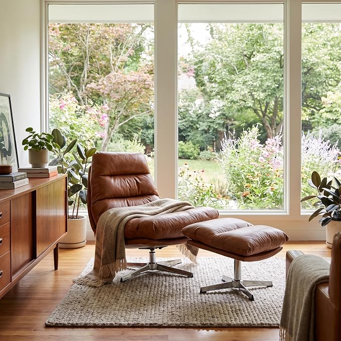 Mid-Century Modern Leather Recliner with Ottoman