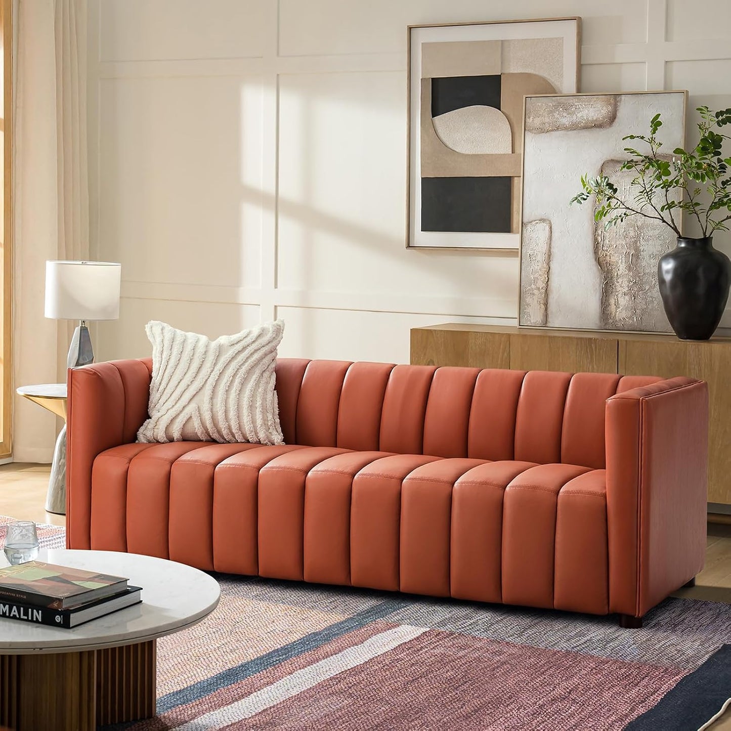 Luxe Channel Tufted Genuine Leather Sofa