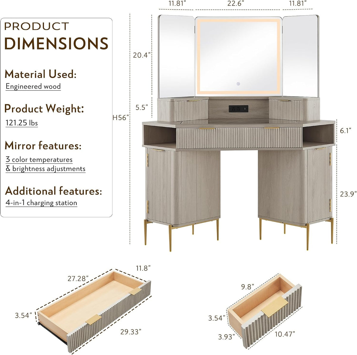 Modern Fluted Corner Vanity Desk with LED Tri-Fold Mirror